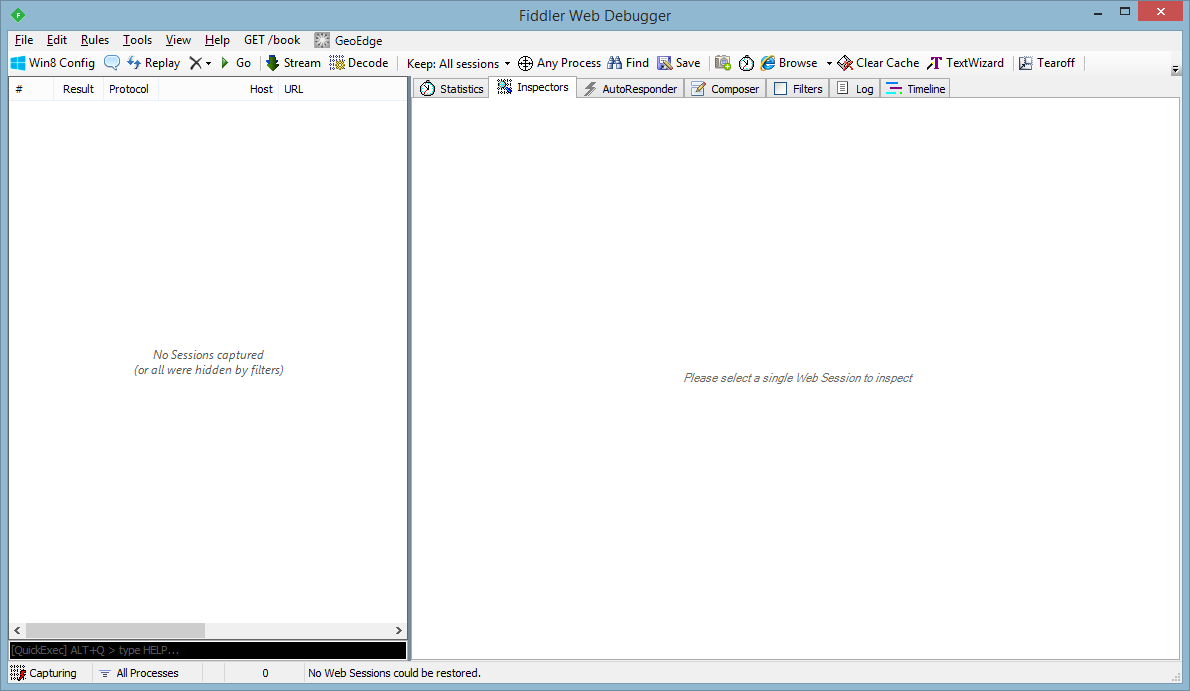 Image of just-opened Fiddler window