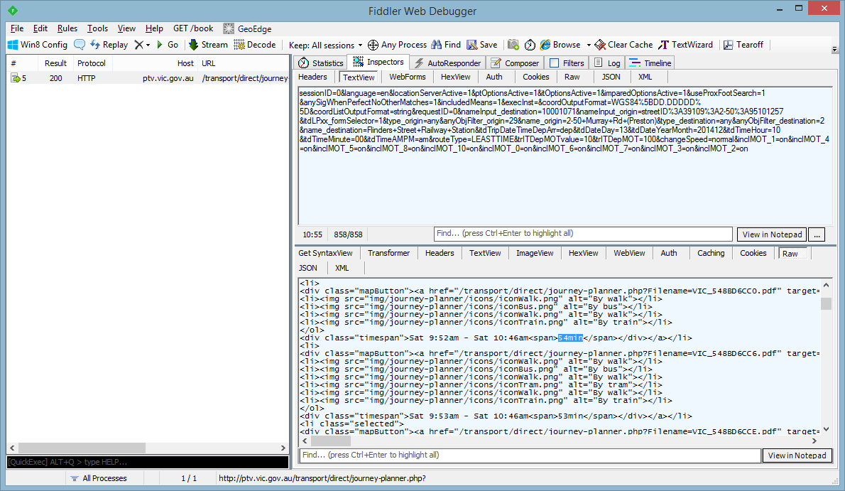 Image of Fiddler, showing the request and response